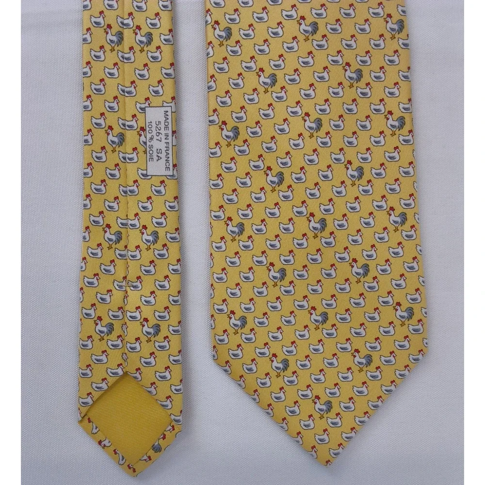 Hermes Yellow Chicken & Egg 100% Silk Tie Whimsical Print Made in France #W5218